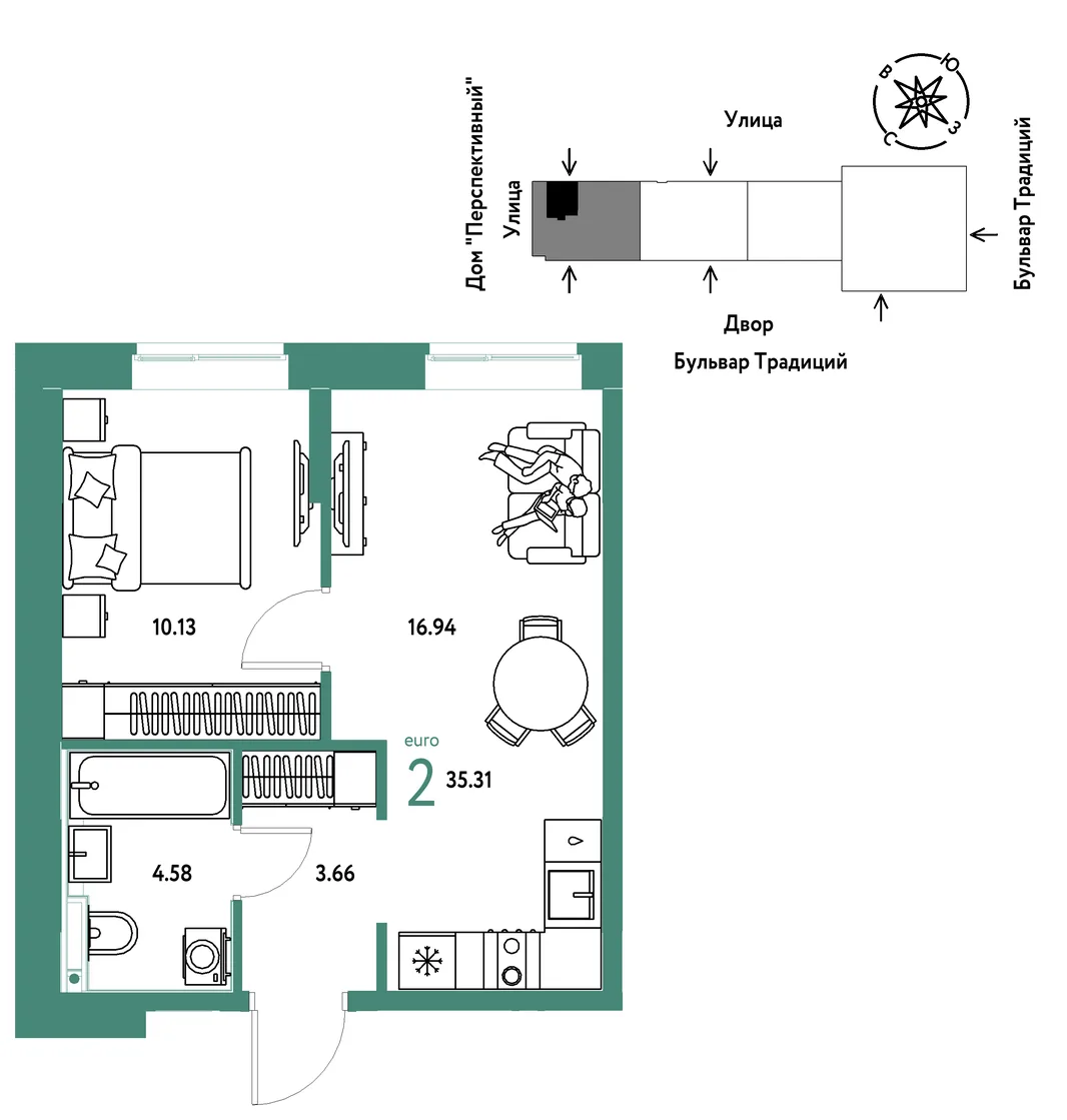 Планировка 2-комн. квартира, 35.31 м² ЖК «Микрорайон Домашний»