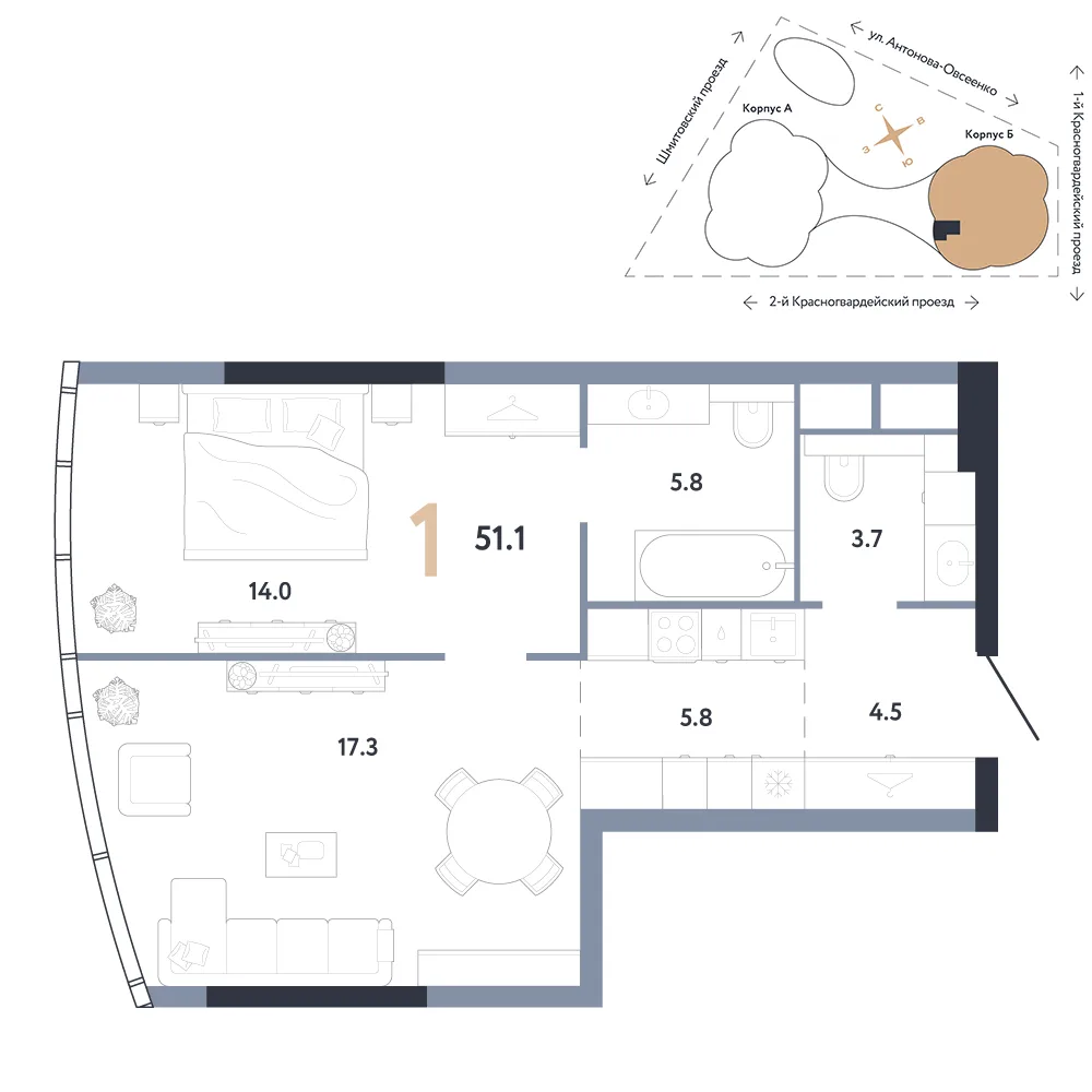 Планировка 1-комн. квартира, 51.1 м² ЖК «АУРУС Резиденции»