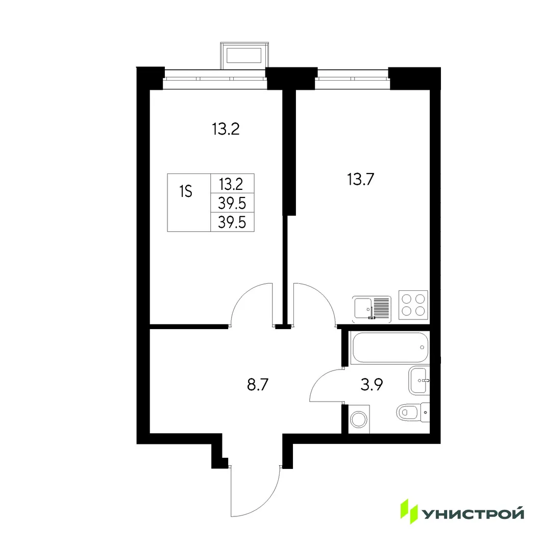 Планировка 1-комн. квартира, 39.5 м² ЖК «Стадиум»