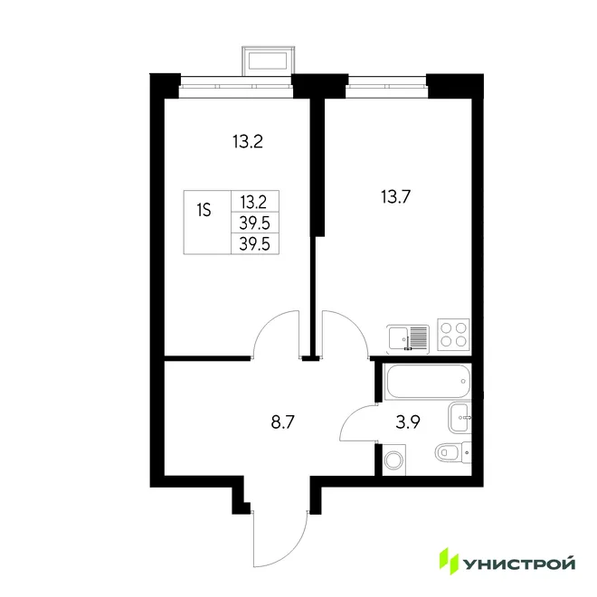 Планировка 1-комн. квартира, 39.5 м² ЖК «Стадиум» Планировка 1-комн. квартира, 39.5 м² ЖК «Стадиум»