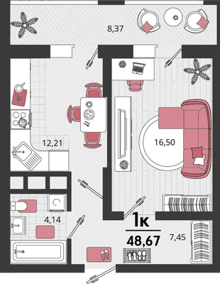 Планировка 1-комн. квартира, 48.67 м² ЖК «Родные просторы»