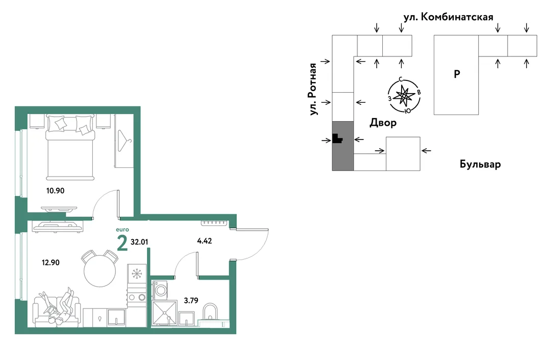 Планировка 2-комн. квартира, 31.82 м² ЖК «Уральский сад»