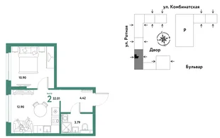 Планировка 2-комн. квартира, 31.82 м² ЖК «Уральский сад»