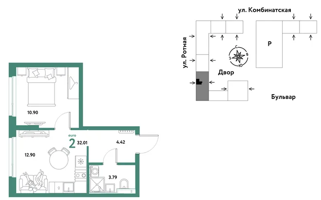Планировка 2-комн. квартира, 31.82 м² ЖК «Уральский сад»
