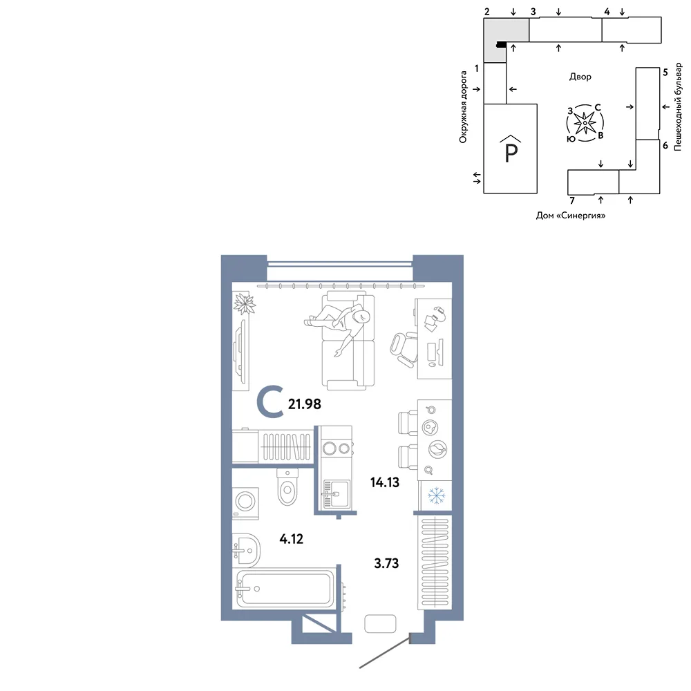 Планировка Студия, 21.98 м² ЖК «Юнион»
