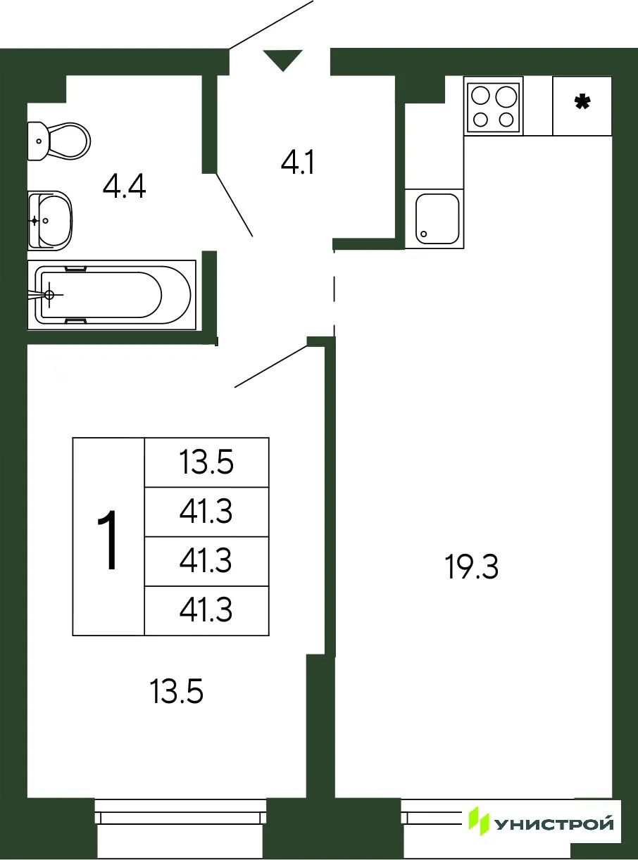Планировка 1-комн. квартира, 41.3 м² ЖК «Парковый квартал 2.0»