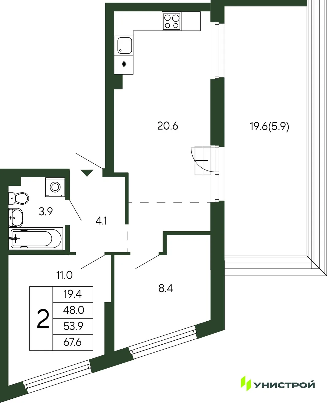 Планировка 2-комн. квартира, 53.9 м² ЖК «Парковый квартал 2.0»