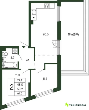 Планировка 2-комн. квартира, 53.9 м² ЖК «Парковый квартал 2.0»