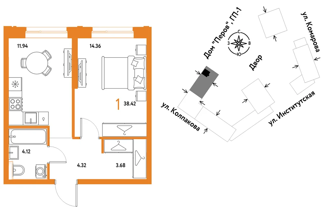 Планировка 1-комн. квартира, 38.42 м² ЖК «Страна.Парковая»