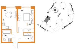 Планировка 1-комн. квартира, 38.42 м² ЖК «Страна.Парковая»