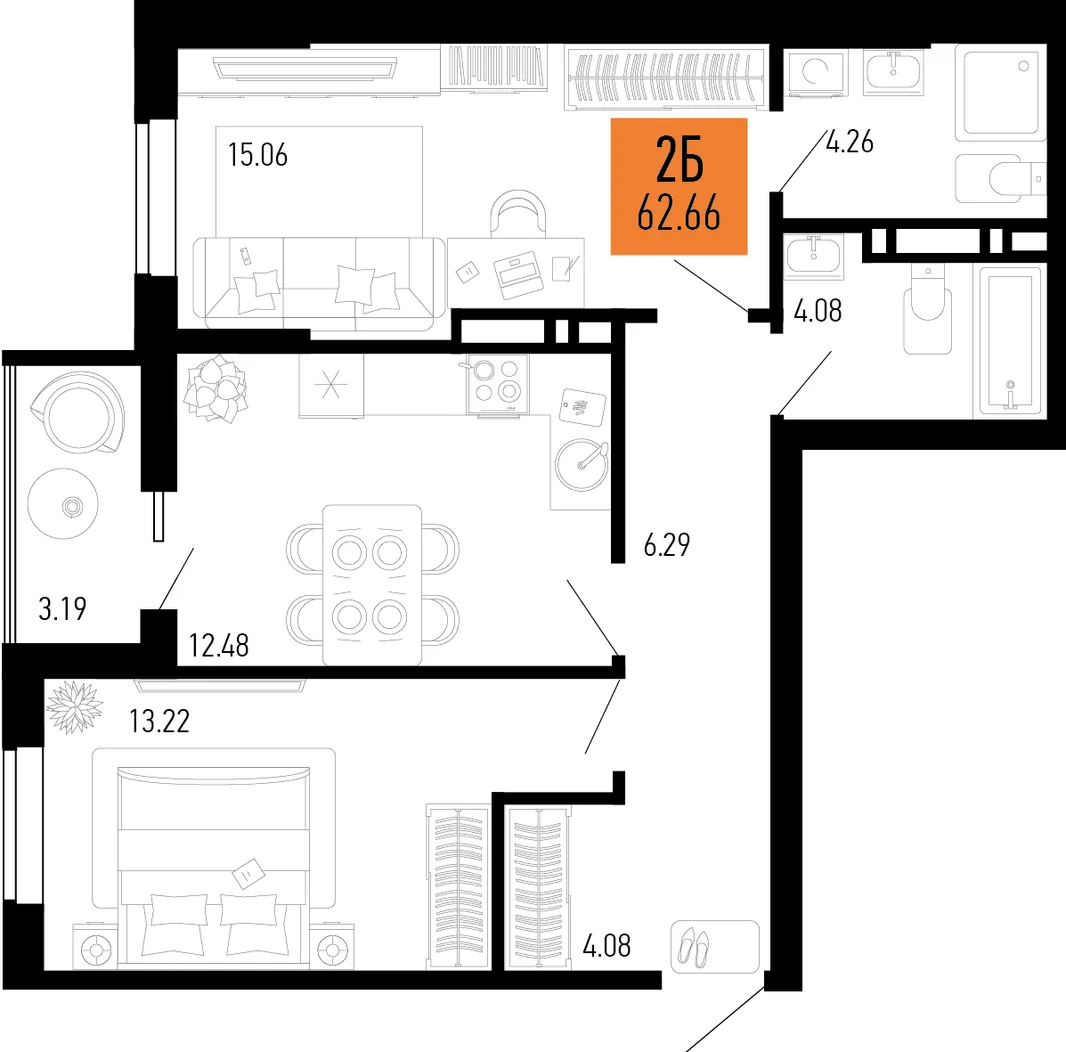 Планировка 2-комн. квартира, 62.66 м² ЖК «Столицыно»
