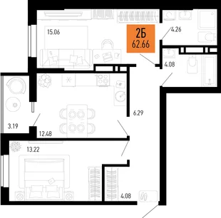 Планировка 2-комн. квартира, 62.66 м² ЖК «Столицыно»