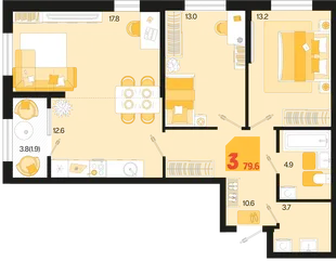 Планировка 3-комн. квартира, 79.6 м² ЖК «Первое место»