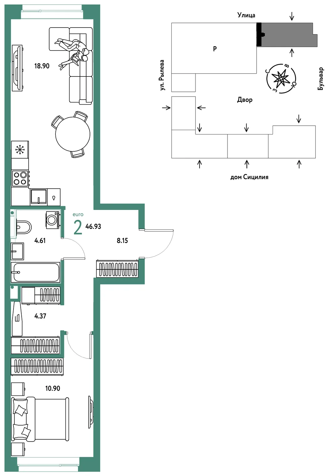 Планировка 2-комн. квартира, 46.93 м² ЖК «Остров-сад»
