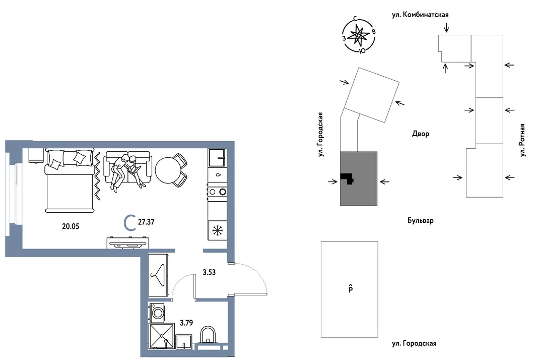 Планировка Студия, 27.37 м² ЖК «Уральский сад»