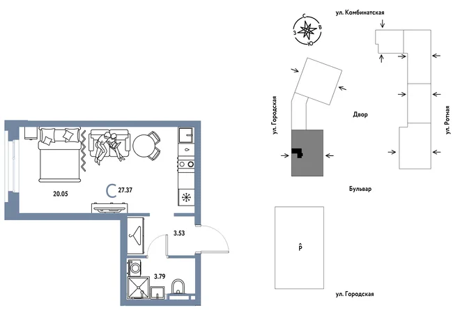 Планировка Студия, 27.37 м² ЖК «Уральский сад» Планировка Студия, 27.37 м² ЖК «Уральский сад»