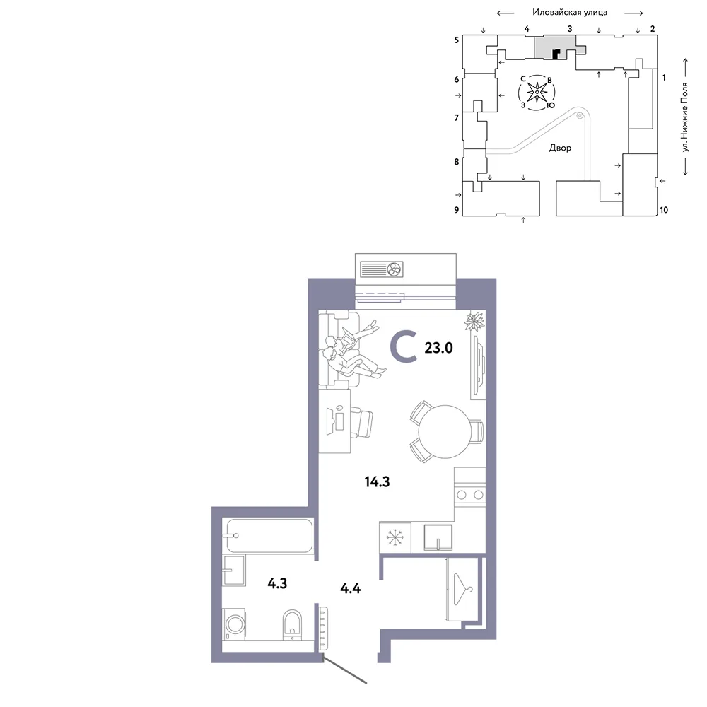 Планировка Студия, 23 м² ЖК «Страна.Заречная»