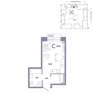 Планировка Студия, 23 м² ЖК «Страна.Заречная»