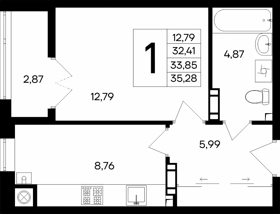 Планировка 1-комн. квартира, 35.28 м² ЖК «Сезоны»