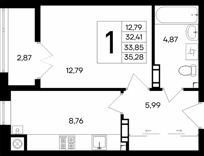 Планировка 1-комн. квартира, 35.28 м² ЖК «Сезоны»