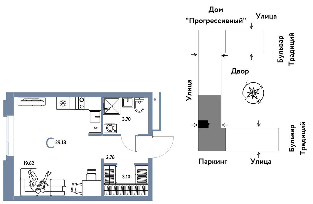 Планировка Студия, 29.18 м² ЖК «Микрорайон Домашний»