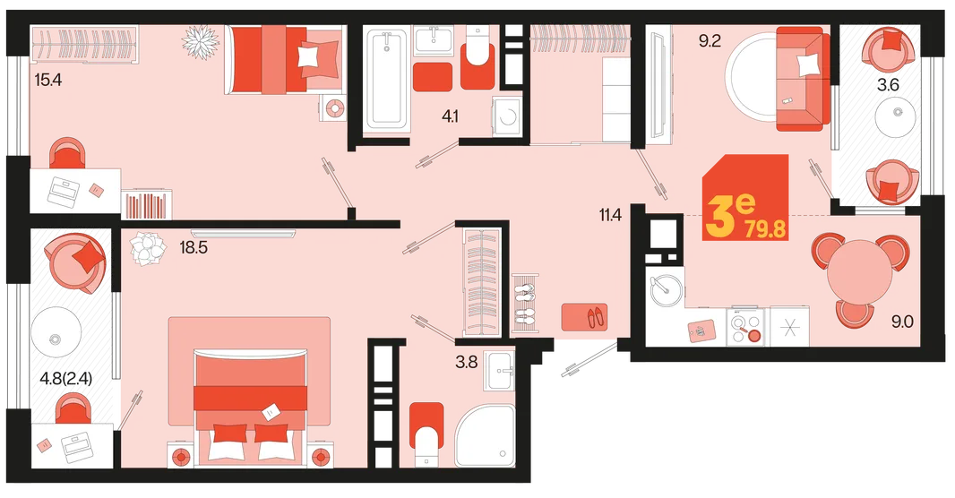 Планировка 3-комн. квартира, 79.8 м² ЖК «Первое место»