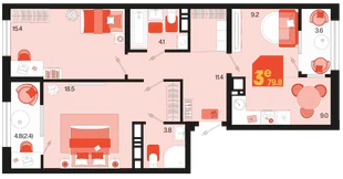 Планировка 3-комн. квартира, 79.8 м² ЖК «Первое место»