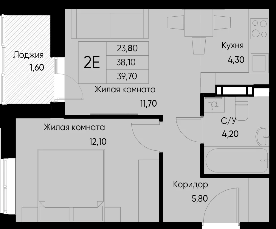 Планировка 2-комн. квартира, 41.1 м² ЖК «Васильевский остров»