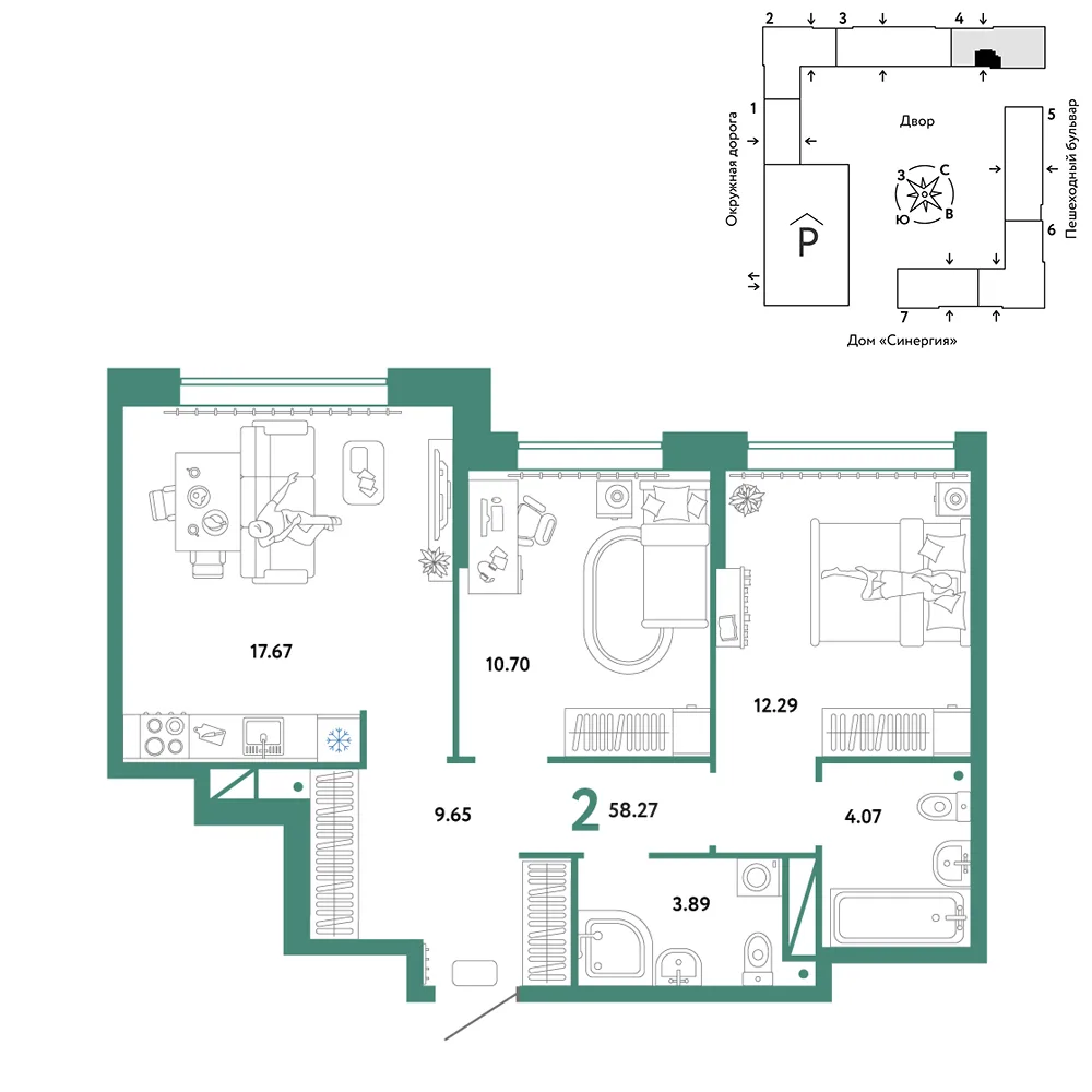 Планировка 2-комн. квартира, 58.27 м² ЖК «Юнион»
