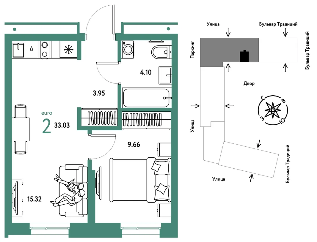 Планировка 2-комн. квартира, 33.03 м² ЖК «Микрорайон Домашний»