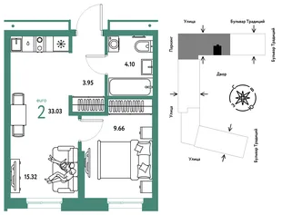 Планировка 2-комн. квартира, 33.03 м² ЖК «Микрорайон Домашний»