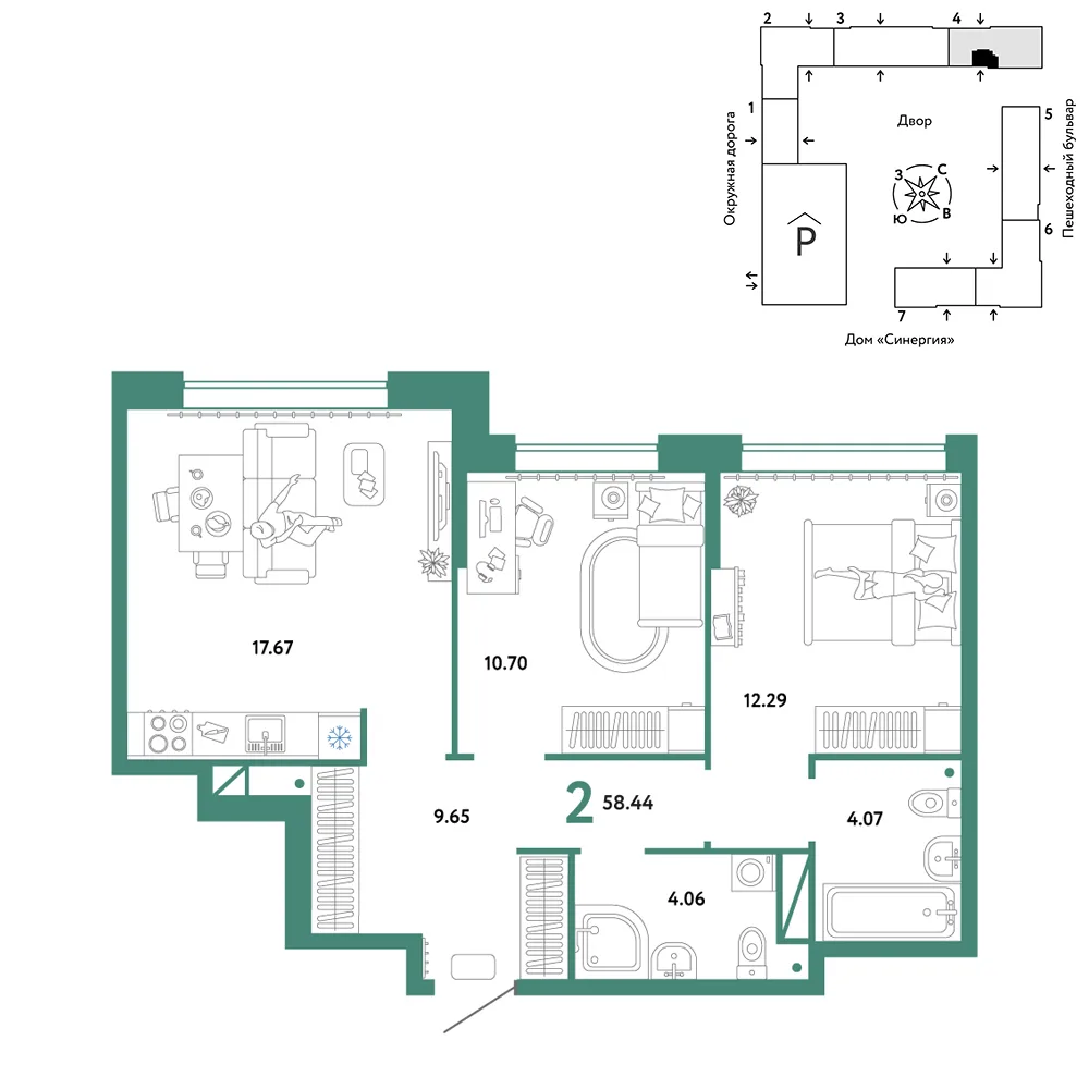 Планировка 2-комн. квартира, 58.44 м² ЖК «Юнион»