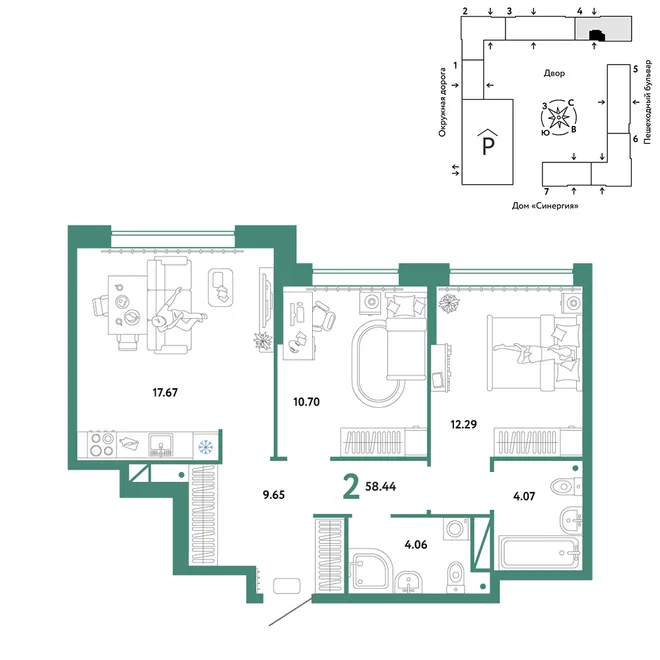 Планировка 2-комн. квартира, 58.44 м² ЖК «Юнион» Планировка 2-комн. квартира, 58.44 м² ЖК «Юнион»