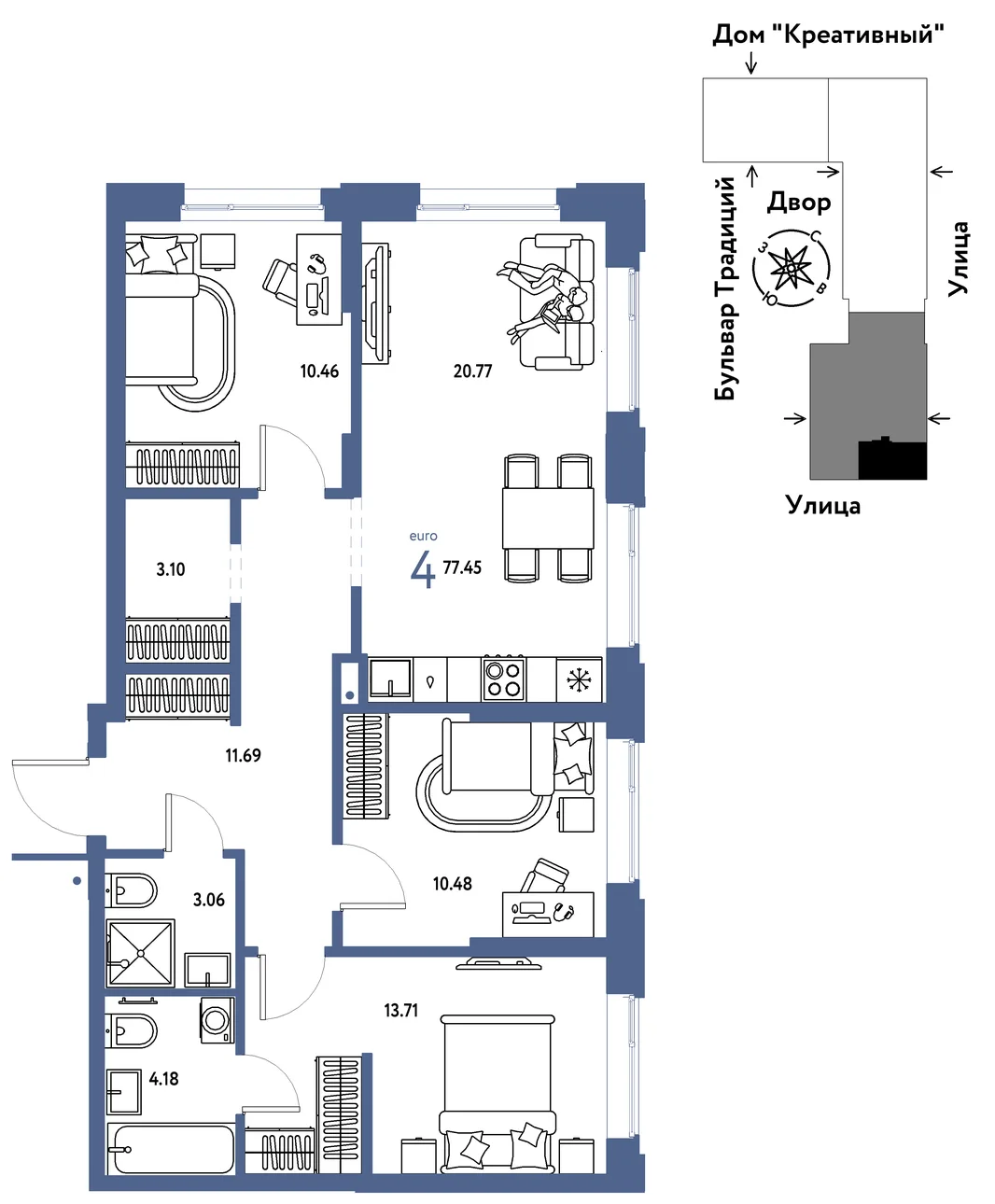 Планировка 4-комн. квартира, 77.45 м² ЖК «Микрорайон Домашний»
