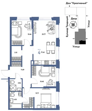 Планировка 4-комн. квартира, 77.45 м² ЖК «Микрорайон Домашний»