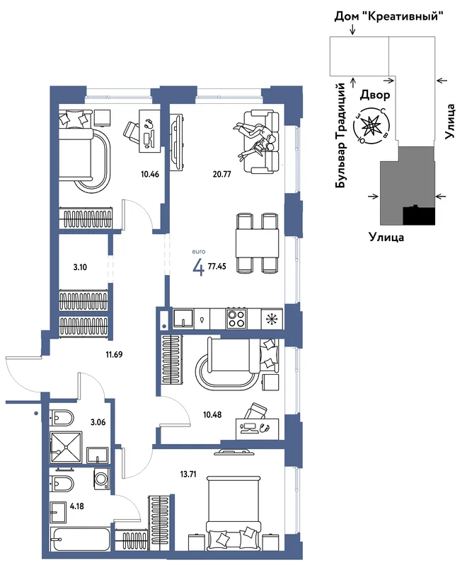 Планировка 4-комн. квартира, 77.45 м² ЖК «Микрорайон Домашний» Планировка 4-комн. квартира, 77.45 м² ЖК «Микрорайон Домашний»