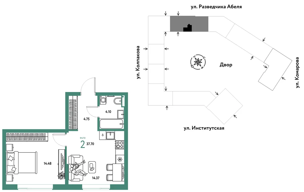 Планировка 2-комн. квартира, 37.7 м² ЖК «Страна.Парковая»