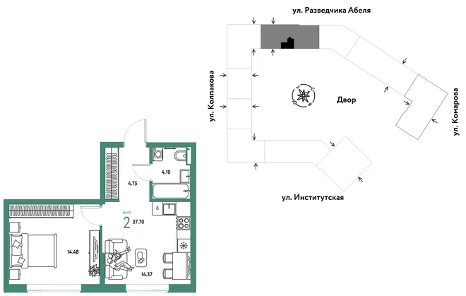 Планировка 2-комн. квартира, 37.7 м² ЖК «Страна.Парковая» Планировка 2-комн. квартира, 37.7 м² ЖК «Страна.Парковая»