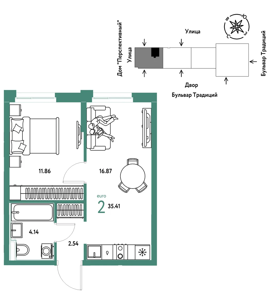 Планировка 2-комн. квартира, 35.41 м² ЖК «Микрорайон Домашний»