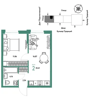 Планировка 2-комн. квартира, 35.41 м² ЖК «Микрорайон Домашний»
