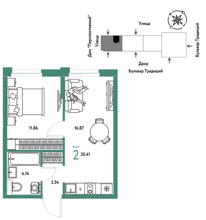 Планировка 2-комн. квартира, 35.41 м² ЖК «Микрорайон Домашний» Планировка 2-комн. квартира, 35.41 м² ЖК «Микрорайон Домашний»