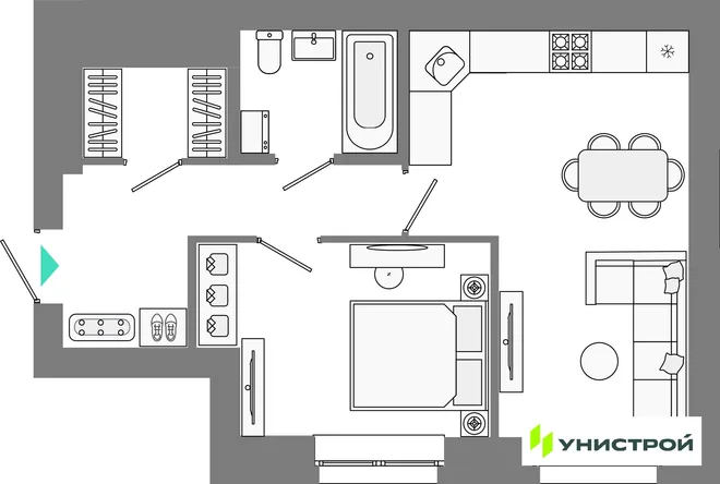 Планировка 1-комн. квартира, 43.42 м² ЖК «Лето»