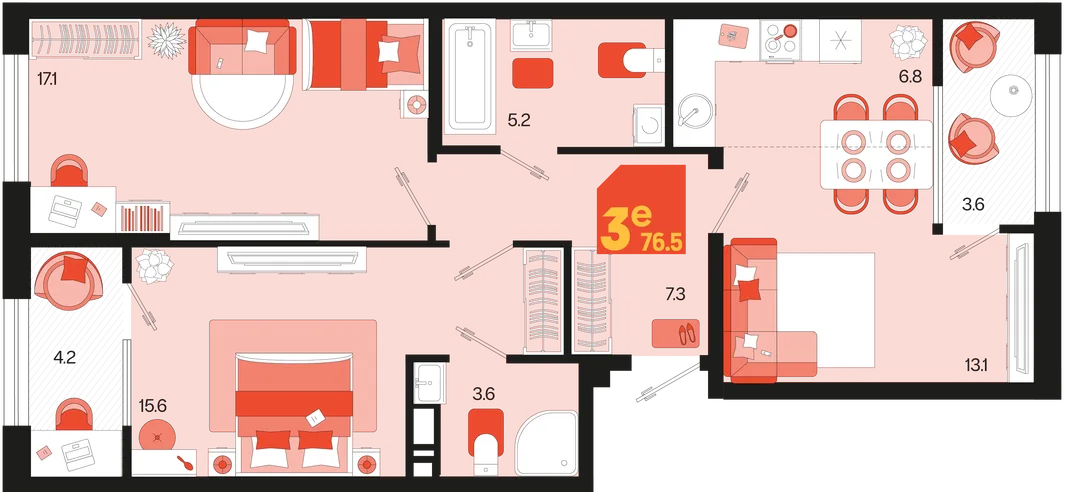 Планировка 3-комн. квартира, 76.4 м² ЖК «Первое место»