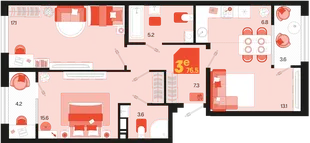 Планировка 3-комн. квартира, 76.4 м² ЖК «Первое место»
