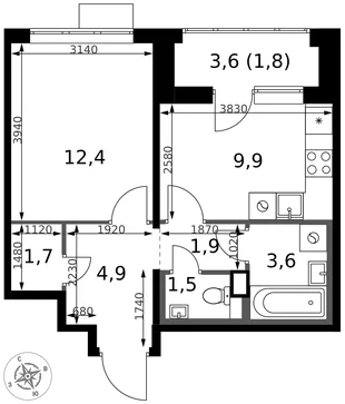 Планировка 1-комн. квартира, 37.7 м² ЖК «1-й Химкинский»