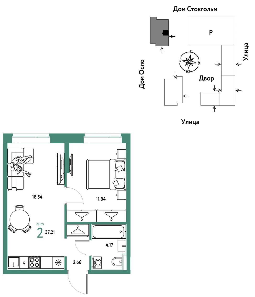 Планировка 2-комн. квартира, 37.21 м² ЖК «Европейский берег 2.0»