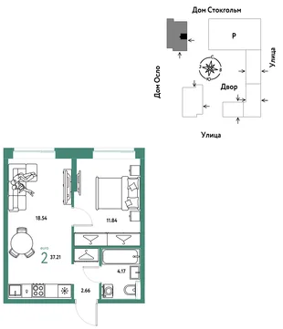 Планировка 2-комн. квартира, 37.21 м² ЖК «Европейский берег 2.0»