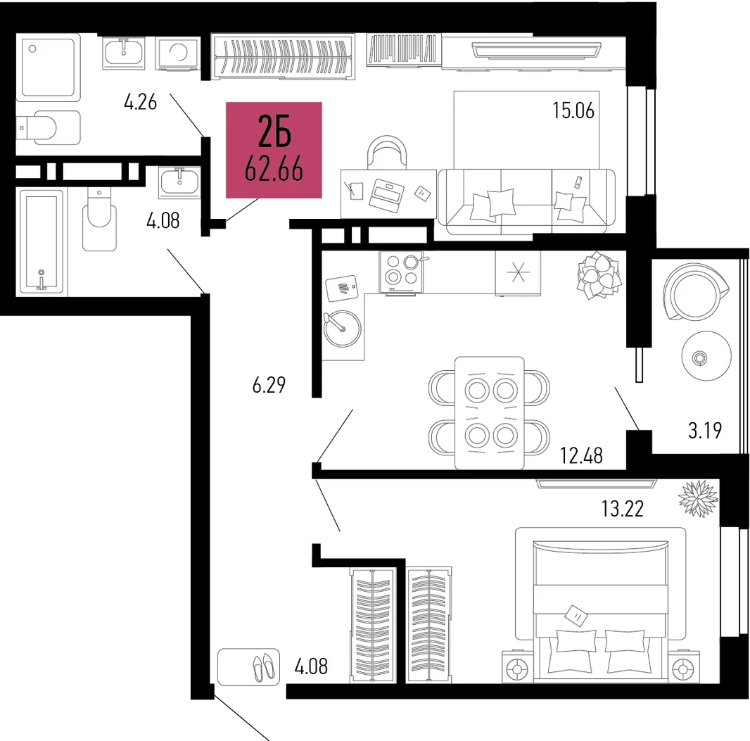 Планировка 2-комн. квартира, 62.66 м² ЖК «Столицыно»