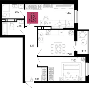 Планировка 2-комн. квартира, 62.66 м² ЖК «Столицыно»