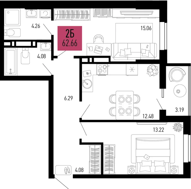 Планировка 2-комн. квартира, 62.66 м² ЖК «Столицыно» Планировка 2-комн. квартира, 62.66 м² ЖК «Столицыно»